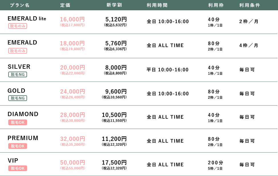 月額通常料金表